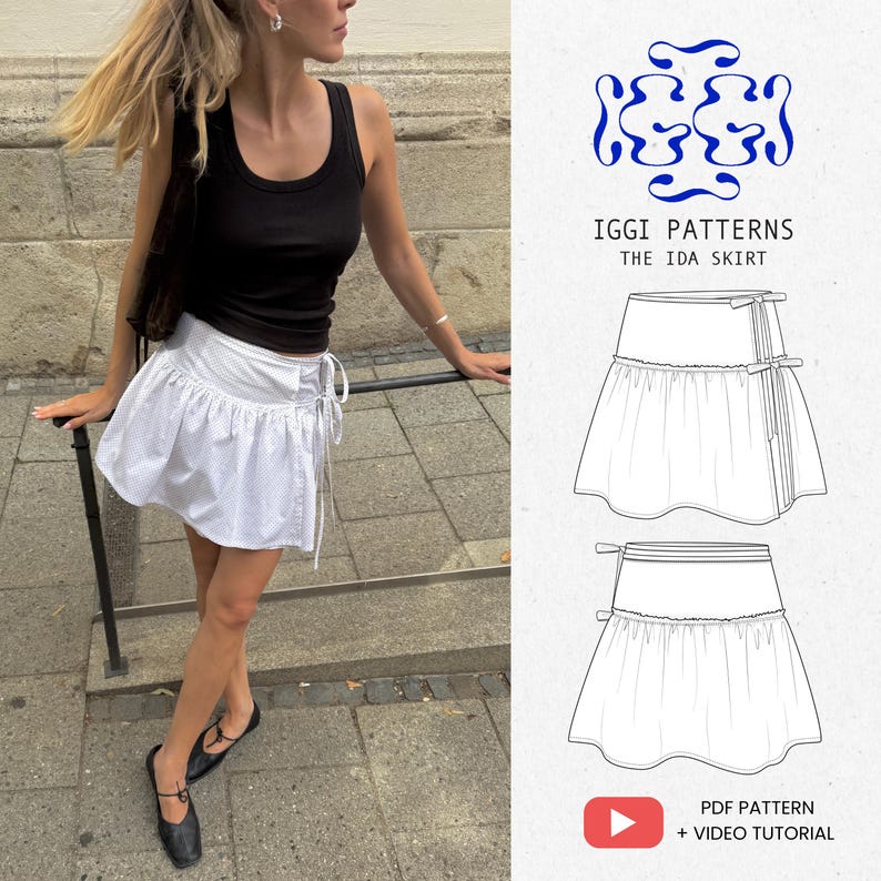 Puede incluir: Una falda blanca con lunares y dise&ntilde;o envolvente, combinada con una camiseta sin mangas negra. La falda presenta un cierre de cord&oacute;n y un dobladillo con volantes. La imagen tambi&eacute;n incluye un dise&ntilde;o de patr&oacute;n con el texto "IGGI PATTERNS THE IDA SKIRT".