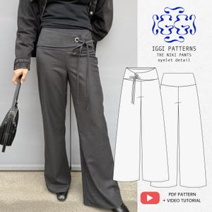 NIKI Byxor med öljettdetalj, byxor med bred midja, PDF-sömnadsmönster, vida ben | Sybyxor för nybörjare | Sömnadsinstruktioner och video, digitala, skandinavisk