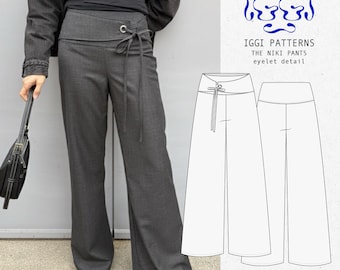 Pantalones NIKI con detalle de ojales, cintura ancha, patrón de costura en PDF, pierna ancha | Costura de pantalones para principiantes | Instrucciones y vídeo de costura, digital, escandinavo