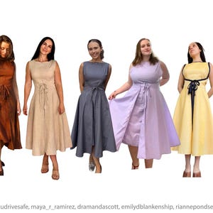 May include: A collection of ten sleeveless midi dresses in various solid colors including black, brown, light green, rust, beige, grey, lavender, yellow, patterned brown, and light blue, each featuring a fitted bodice and a cinched waist tie.