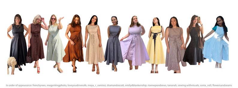 May include: A collection of ten sleeveless midi dresses in various solid colors including black, brown, light green, rust, beige, grey, lavender, yellow, patterned brown, and light blue, each featuring a fitted bodice and a cinched waist tie.
