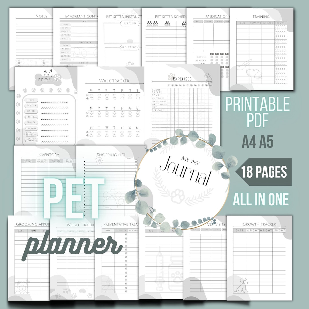 Printable Pet Planner Bundle,dog Cat Pet Care Journal,pet Organizer