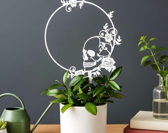 Skull and Flower  3D Printed  Trellis For Indoor Plants Climbing Support Gift For Plant Lovers Under 20 Gothic Modern Houseplant Decor