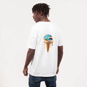 May include: A white t-shirt with a graphic of a melting ice cream cone with the Earth as the ice cream. The ice cream is dripping down the cone.