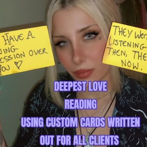 May include: A person holds two yellow cards with handwritten text. One card reads "THEY HAVE A GROWING OBSESSION OVER YOU ♡". The other card says "THEY WERN'T LISTENING BACK THEN, THEY ARE NOW." Text below reads "DEEPEST LOVE READING USING CUSTOM CARDS WRITTEN OUT FOR ALL CLIENTS".
