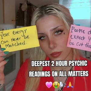 May include: A person holding two sticky notes with text. One yellow note reads "Your energy can never be matched." The other pink note says "People didn't expect you to be cut throat." Text at the bottom reads "DEEPEST 2 HOUR PSYCHIC READINGS ON ALL MATTERS."
