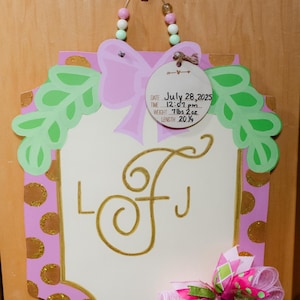 Birth announcement door hanger - personalized door hanger - baby gift - baby shower gift - coquette nursery decor- hospital door sign