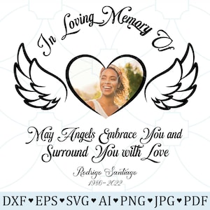 In liebevoller Erinnerung an SVG, schönes Erinnerungsstück SVG, In Erinnerung Png, Flügel Herz für immer Gedenkstätte SVG, Rest in Frieden Zeichen, bearbeitbares Name Datum Foto