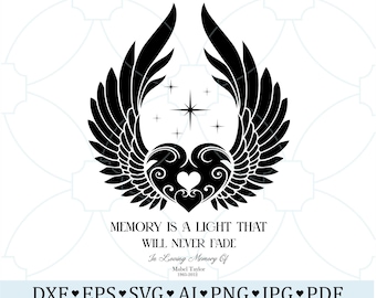 Memorial Angel Wings SVG, In Loving Memory SVG, Forever Light Remembrance Design, Personalized Grave Marker Cut File, Laser CNC Memorial
