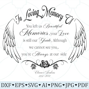 Peut inclure: Un design graphique noir et blanc avec des ailes d'ange et le texte "In Loving Memory Of". Le texte se poursuit avec un message sur les beaux souvenirs et l'amour comme guide. Le graphique comprend également le nom "Eleanor Jenkins" et les dates "1951-2002".