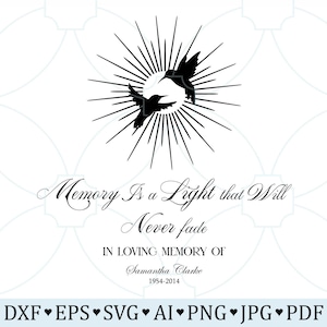 Puede incluir: Silueta en blanco y negro de dos colibríes volando en círculo alrededor de un sol radiante. El texto "Memory Is a Light that Will Never Fade" está debajo de la imagen. El texto "In Loving Memory of Samantha Clarke 1954-2014" está debajo del texto. El texto "DXF EPS SVG AI PNG JPG PDF" está en la parte inferior de la imagen.