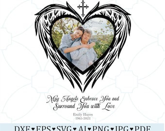 Ángeles conmemorativos te rodean con amor SVG PNG, Alas de ángel conmemorativo Descanso del corazón en paz Nombre editable Fecha Foto Svg, Cita funeraria