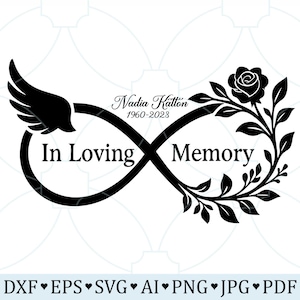 May include: Black and white memorial design featuring an infinity symbol with a wing and floral elements. Text includes "In Loving Memory," the name "Nadia Katton," and the years "1960-2023."