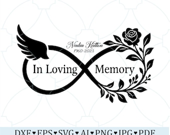 Símbolo de infinito conmemorativo en memoria amorosa SVG, alas de ángel, rosa, recuerdo funerario, regalo conmemorativo de infinito para aniversario de fallecimiento, diseño personalizado