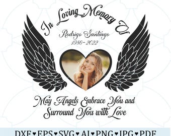 Alas de ángel en memoria de un ser querido, diseño personalizado en formato SVG y PNG, marco de fotos con alas de ángel, homenaje en memoria de un ser querido, diseño personalizado de recuerdo.