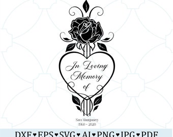Archivo SVG de corazón de rosa conmemorativo con nombre y fecha para Cricut y grabado láser.