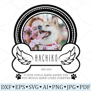 Puede incluir: Hueso de mascota conmemorativo en blanco y negro con alas de ángel, una foto de un perro y el texto "HACHIKO 2005-2014 Si el AMOR HUBIERA PODIDO SALVARTE HUBIERAS VIVIDO PARA SIEMPRE".