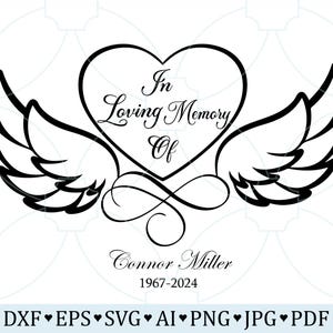 May include: Black and white graphic design of a heart with wings and the text "In Loving Memory Of" above the name "Connor Miller" and the dates "1967-2024".