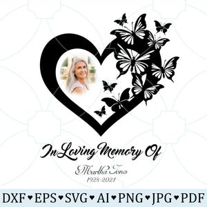 May include: Black and white heart-shaped graphic with butterflies and a photo of a woman. The text "In Loving Memory Of Martha Jones 1925-2021" is below the heart.