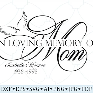 Puede incluir: Un diseño conmemorativo en blanco y negro con el texto "IN LOVING MEMORY OF Mom" en escritura elegante. Incluye el nombre "Isabelle Monroe" y las fechas "1936-1998", con una ilustración de paloma. Formatos de archivo: DXF, EPS, SVG, AI, PNG, JPG, PDF.