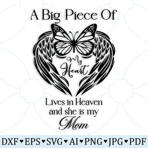A big Peace Of My Heart Mom In Loving Memory Angel Wings SVG Png, Mom Rest In Peace Editable Name, Memorial Svg Png, Mom Remembrance SVG PNG