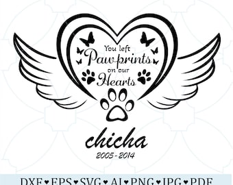 Archivo SVG PNG conmemorativo para mascotas, Huellas en nuestros corazones, Homenaje personalizado para la pérdida de un perro para Cricut, Alas de ángel en recuerdo de mascotas