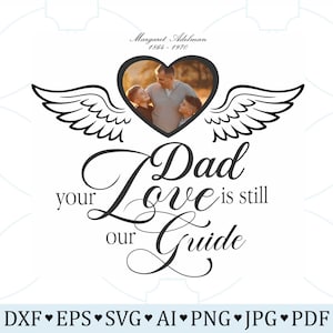 May include: A white memorial design with a heart-shaped frame containing a family photo, with wings on either side. The text reads "Dad, your love is still our guide." The name "Margaret Adelman 1864-1970" is at the top. File type icons are at the bottom.