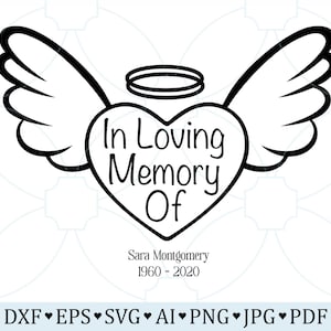 May include: Black and white graphic design of angel wings with a heart in the center. The heart has the text "In Loving Memory Of" and the name "Sara Montgomery" with the dates "1960 - 2020".