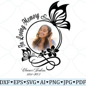 May include: Black and white graphic design featuring a butterfly, flowers, and a photo frame with the text "In Loving Memory". The frame contains a photo of a woman. The text "Eleanor Jenkins 1951-2002" is below the frame.