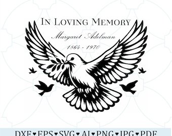 SVG "En memoria de" (en cariñoso), PNG "Paloma conmemorativa", archivo de corte personalizado para homenaje funerario para Cricut, diseño de recuerdo, PNG imprimible.
