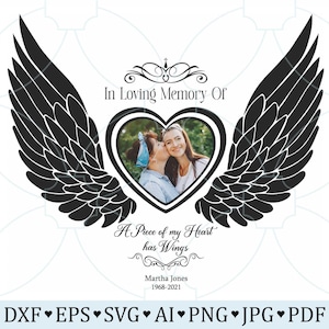 In Loving Memory SVG, ter nagedachtenis aan Svg, hart met engelenvleugels Memorial SVG, rust in vrede, bewerkbare naam datum foto herinnering SVG png