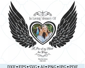 In Loving Memory SVG, In Memory Of Svg,  Heart With Angel Wings Memorial SVG, Rest In Peace, Editable Name Date Photo Remembrance SVG Png