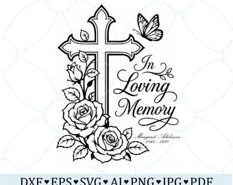 In liebevoller Erinnerung Schmetterling SVG PNG, Kreuz und Rose Gedenkdesign, personalisierte christliche Erinnerung, Beileid Geschenk, christliche Beerdigung