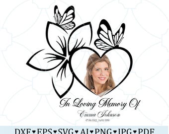 Foto SVG conmemorativa con forma de corazón, mariposa, marco, ángel, recuerdo, retrato personalizado, archivo cortado con láser Cricut