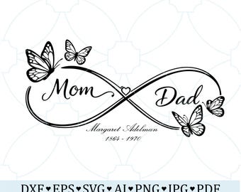 SVG conmemorativo infinito de mamá y papá, "Por siempre en nuestros corazones", recuerdo de los padres, arte de pared con mariposas en memoria amorosa, diseño de homenaje personalizado