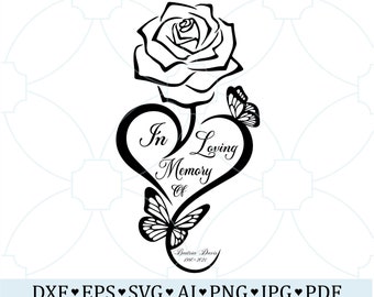 In Loving Memory Rose Svg, Heart with Butterfly Memorial Svg Png, In Loving Memory Png, Memorial Gift, Rest In Peace  Remembrance Svg
