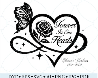 Forever In Our Hearts SVG, Memorial Infinity Heart SVG, Rose & Butterfly Remembrance Design, Personalized Memorial Cut File, Sympathy SVG