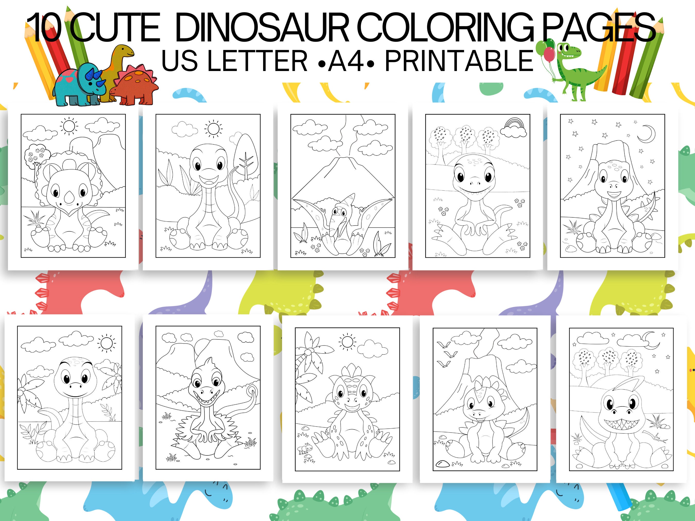 10 Cute Dinosaur Printable Coloring Pages for Kids - Etsy