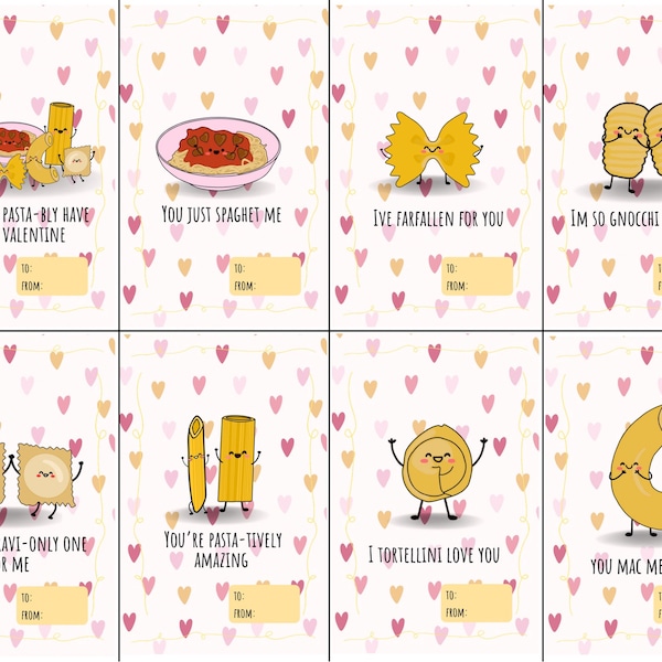 Printable Pasta Valentine Cards, Mini Funny Food Valentines, Pasta Printable Cards