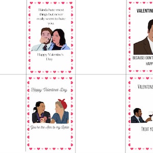 Puede incluir: Un conjunto de cuatro tarjetas del Día de San Valentín con ilustraciones y texto. Las tarjetas presentan personajes y citas de un programa de televisión popular. Las tarjetas tienen un borde de corazón rosa e incluyen frases como "Happy Valentine's Day".