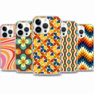 May include: Five different phone cases with retro-inspired geometric patterns in shades of orange, yellow, blue, and brown. The cases are clear and show the phone's camera lens.