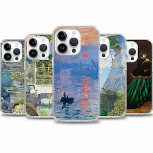 May include: Five different iPhone cases with clear backs and printed images of famous paintings. The cases feature a variety of styles, including a landscape with a red sun, a woman in a white dress, and a woman in a green dress.