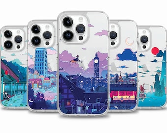 Anime City Citypop Crossover Anime Handytasche für iPhone 15 14 13 12 11 für Samsung S24 S23 FE A15 A55 A35 Fall für Google Pixel 7 7A