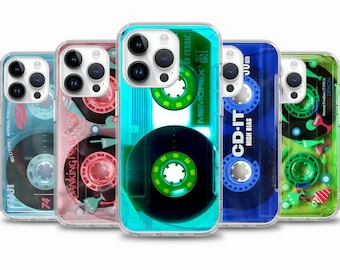 May include: Five different iPhone cases with a retro cassette tape design. The cases are clear and show the design through the case. The cases are in different colors, including blue, green, pink, and turquoise.