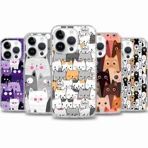 May include: Set of five clear phone cases with different cute cat designs. Each case features a repeating pattern of cats with different expressions and colors. The cases are compatible with iPhone models.