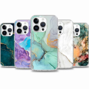 May include: Set of five phone cases with different marble patterns. The cases are clear and show off the phone's design. The marble patterns are in shades of green, blue, purple, white, and orange with gold accents.