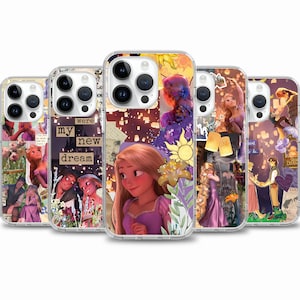 May include: Set of five clear phone cases with a collage of images from the Disney movie Tangled. The cases feature Rapunzel, Flynn Rider, and lanterns. The text "were my new dream" is featured on one of the cases.