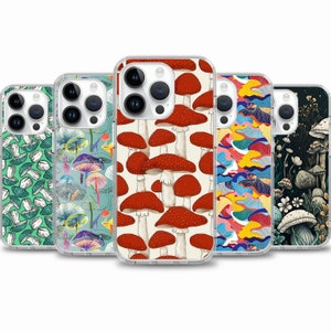 May include: Set of six phone cases featuring different mushroom designs. The cases are clear with a variety of colorful mushroom illustrations.