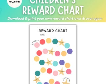 May include: A digital reward chart featuring a winding path of colorful circles and gold stars on a white background. The text reads Reward Chart, Name, Start, Reward, and You Did It. The design uses shades of pink, yellow, teal, and purple.
