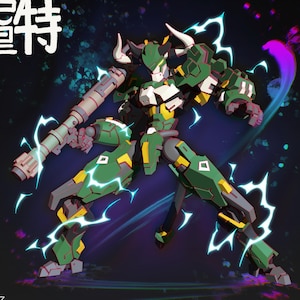 May include: A green and yellow robot with a large gun, standing on a dark background with blue and purple streaks. The robot has a bull's head and horns. The text "SA-13 CRETAN" is in the upper right corner of the image. The text "Krez3D" is in the lower left corner of the image.